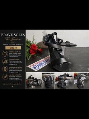 BRAVE SOLES The Jasmine Black Leather Upper Tire Soles Sandals 10